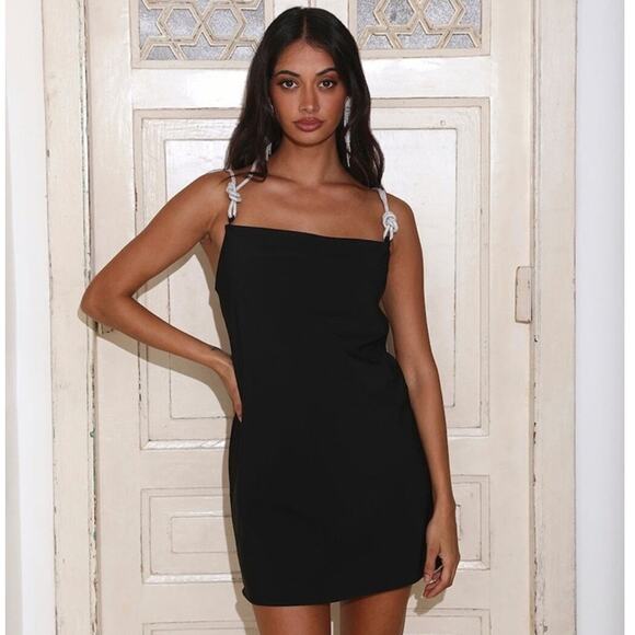 C/MEO Collective Black Rhinestone Strap Mini Dress NWT Size Small - Picture 1 of 7